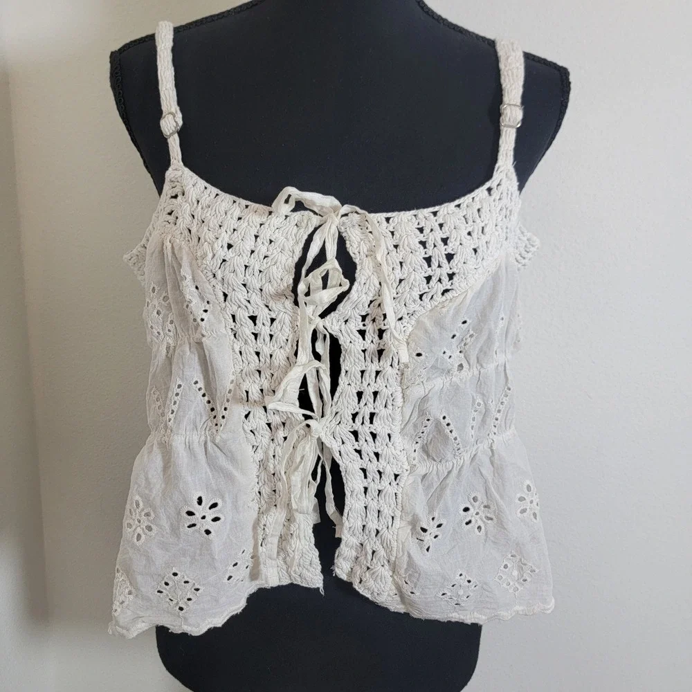 American Flirt White Cotton Eyelet Crochet Boho Camisole Top Large NWT Festival